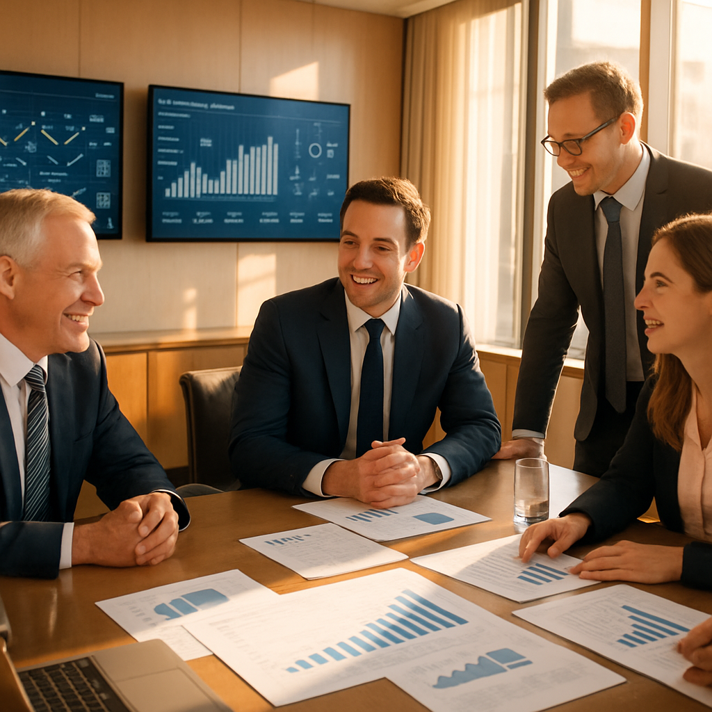 Geschäftsführungsteam diskutiert strategische Entscheidungen anhand von Wachstumsdaten für ein Partner-Ökosystem DACH – B2B-Team arbeitet an Cloud-Marktplatz-Strategie und Charts in einem Meetingraum