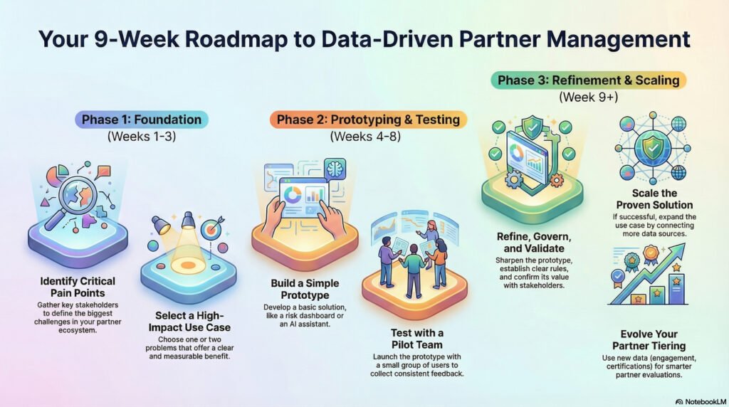 Grafik mit 9-Wochen-Roadmap zu datengetriebenem B2B-Partner-Management: drei Phasen von Foundation über Prototyping und Testing bis zu Refinement und Scaling