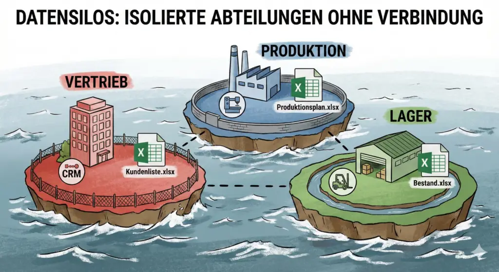 Infografik zeigt isolierte Datensilos zwischen Abteilungen wie Vertrieb, Produktion und Lager