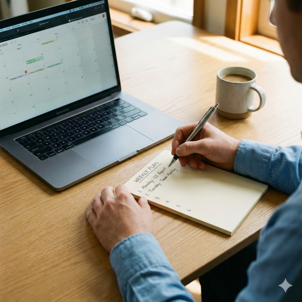 Person schreibt 6-Wochen-Plan auf Notizblock, pragmatischer Start um Datensilos im Mittelstand aufzubrechen