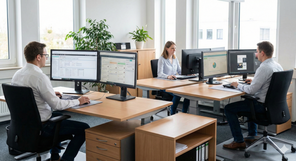 Drei Mitarbeiter in isolierten Abteilungen arbeiten mit unterschiedlichen Daten, Datensilos im Mittelstand