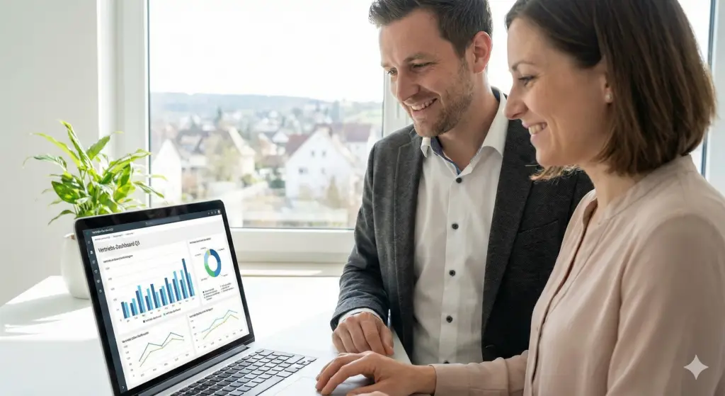 Zwei Mitarbeiter analysieren gemeinsam verbundene Unternehmensdaten nach &Uuml;berwindung von Datensilos