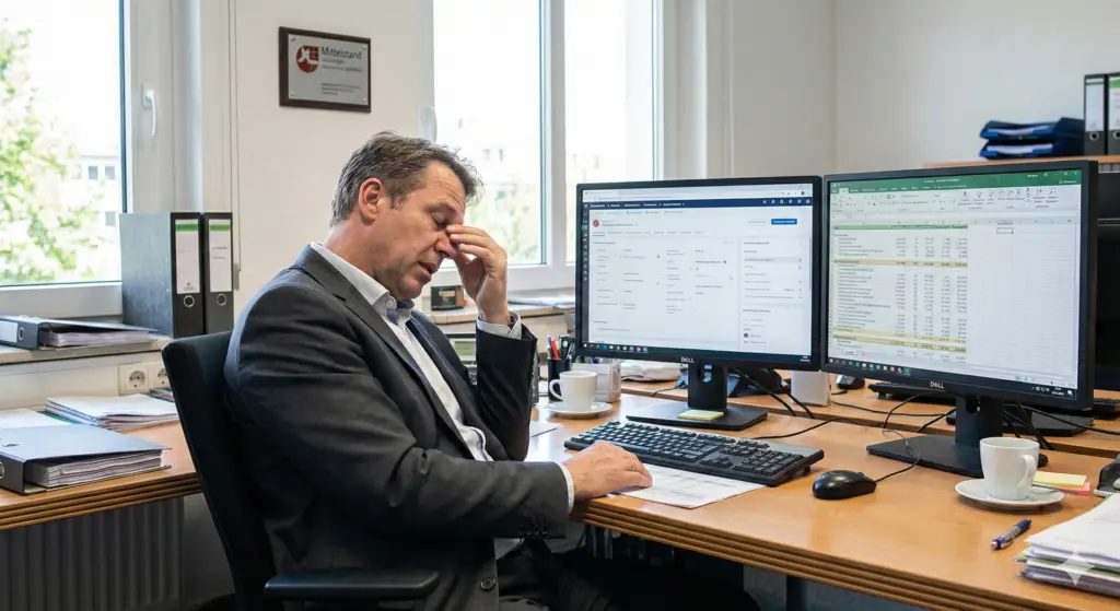 Mittelst&auml;ndischer Gesch&auml;ftsf&uuml;hrer mit Datenchaos auf zwei Bildschirmen, Datensilos im Mittelstand erkennen