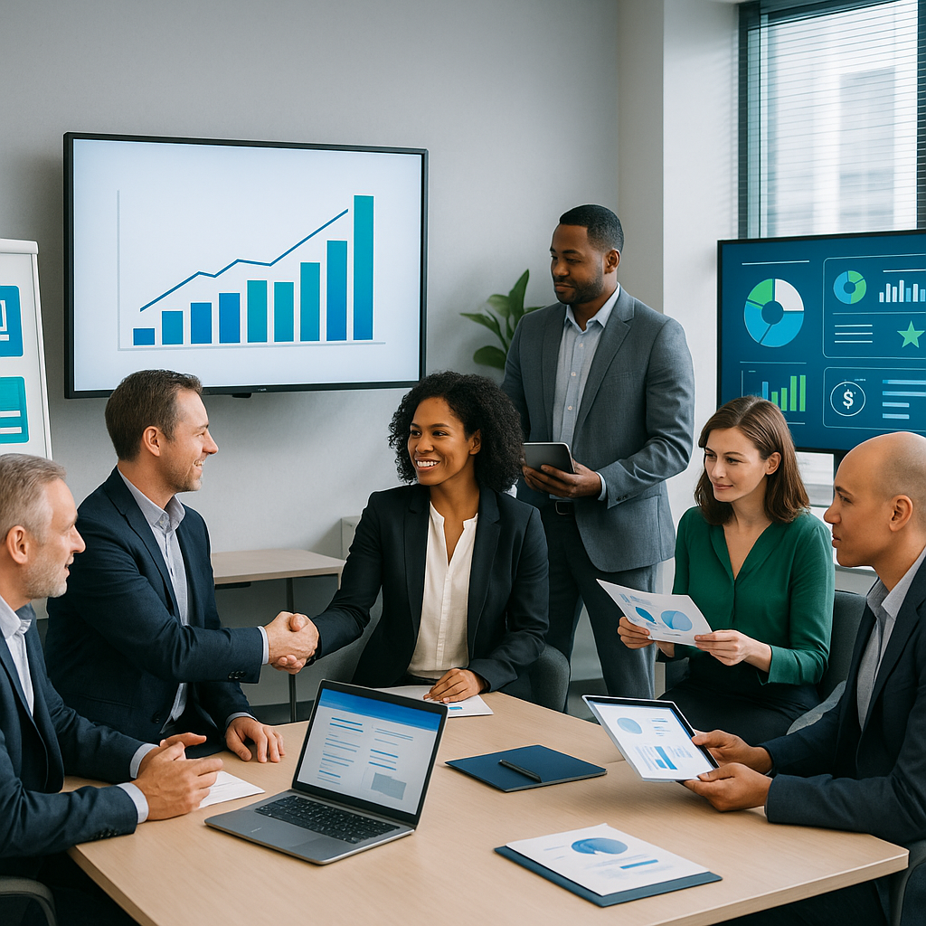 Geschäftstreffen mit Grafiken und Laptops