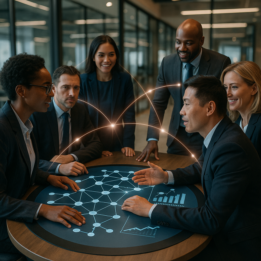 Geschäftsteam diskutiert digitale Netzwerkstrukturen als Symbol für Partner-Ökosysteme und kollaborative B2B-Strategien.