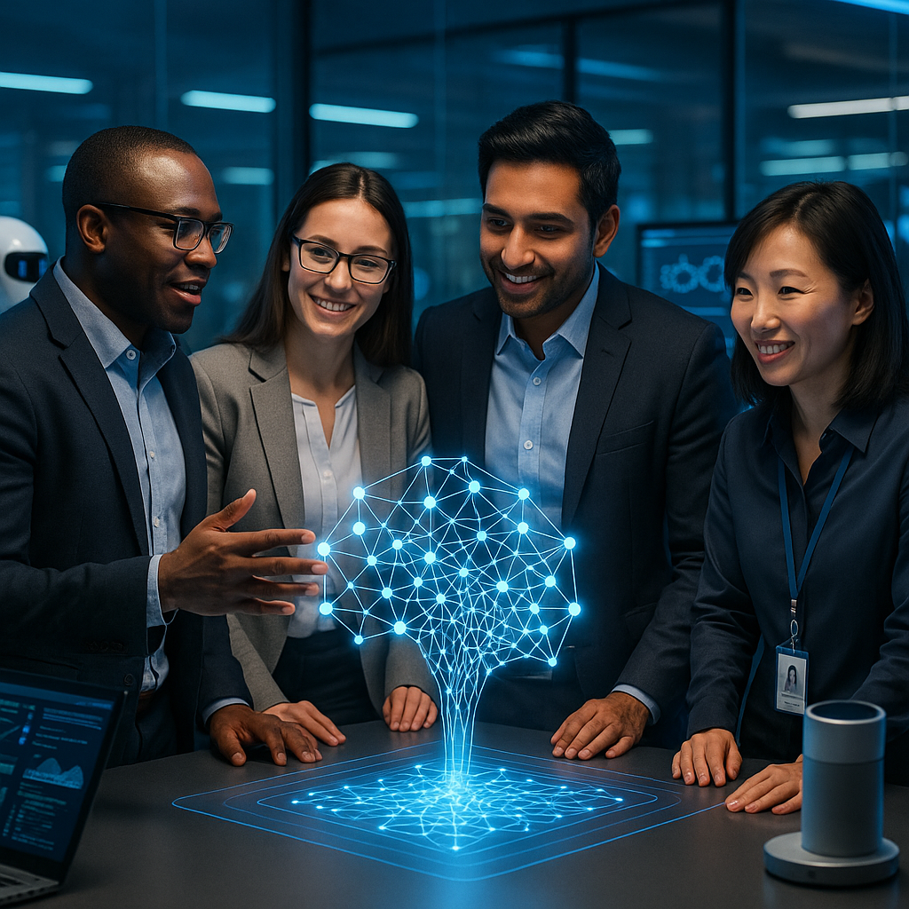 Team von Fachleuten betrachtet ein holografisches KI-Netzwerk als Symbol für die Zukunft vernetzter Partner-Ökosysteme im B2B