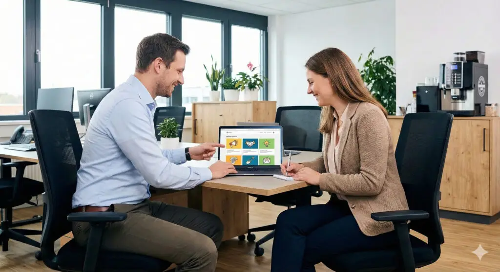 Partner Manager und Marketingverantwortliche eines Mittelst&auml;ndlers planen am Laptop die Nutzung eines klar strukturierten Partnerportals f&uuml;r ihr Channel Marketing