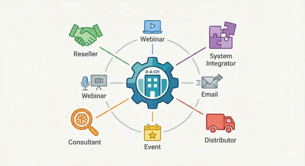 Illustration eines B2B-Partner-&Ouml;kosystems mit Hersteller in der Mitte, verbundenen Channel-Partnern und Kampagnen-Icons &ndash; Symbol f&uuml;r modernes Channel Marketing