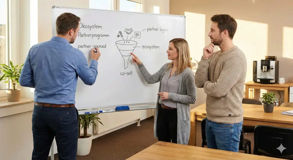 Partner Manager, Channel Marketing und Vertrieb planen gemeinsam am Whiteboard ein Channel Marketing-Funnel mit Partner-sourced und Co-Sell-Umsatz