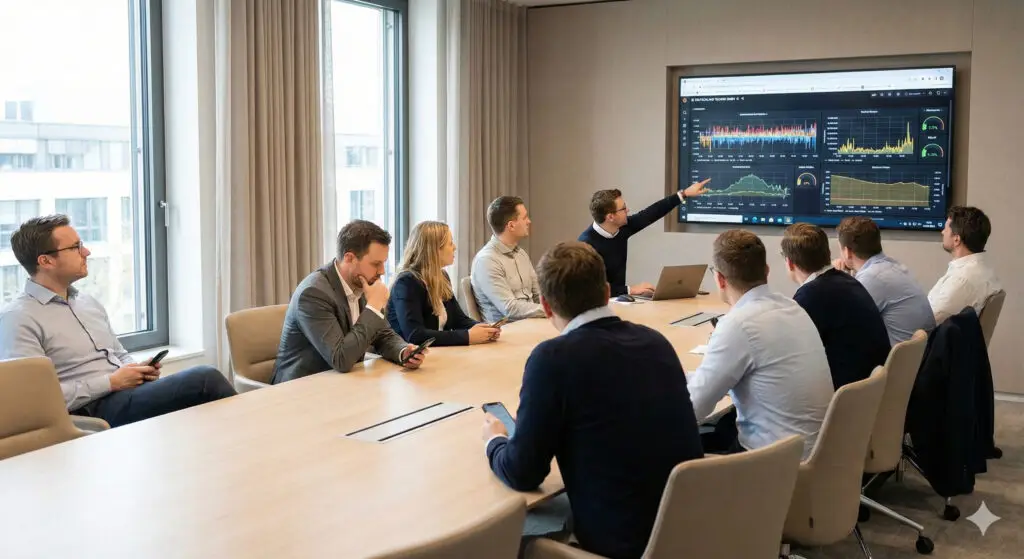 Meeting in einem mittelständischen deutschen Unternehmen mit komplexen Dashboards, die keine klaren Entscheidungen unterstützen