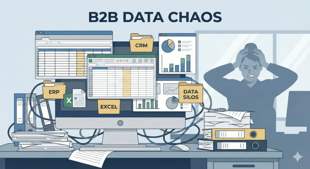 Schreibtisch mit überladenem Monitor und Datenchaos als Symbol für schlechte Datenqualität im deutschen Mittelstand