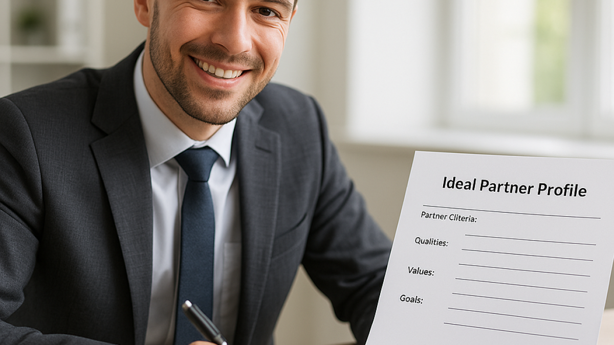 Mann zeigt, wie man ein Ideal Partner Profile Formular ausfüllt – Template zur Partneranalyse und Partnerqualifizierung für B2B-Unternehmen