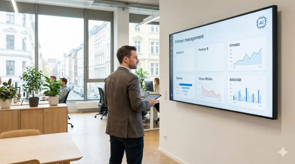 Channel-Manager analysiert KI-gestütztes B2B-Partner-Management-Dashboard mit Partner-KPIs und Churn-Risiko im DACH-Mittelstand