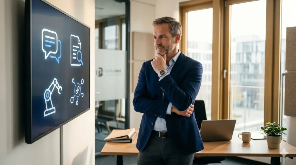 KI Einstieg Mittelstand: Gesch&auml;ftsf&uuml;hrer eines mittelst&auml;ndischen Unternehmens betrachtet ein digitales Dashboard mit KI-Symbolen in einem modernen B&uuml;ro