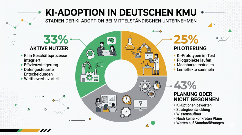 KI Einstieg Mittelstand Infografik zeigt den KI-Reifegrad deutscher KMU: ein Drittel nutzt KI bereits produktiv, zwei Drittel befinden sich in der Einstiegs- oder Planungsphase