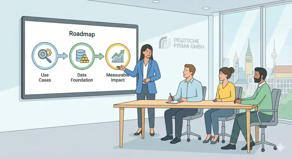 Beraterin erklärt einer Mittelstands-Führungskraft eine einfache Roadmap für eine pragmatische Datenstrategie
